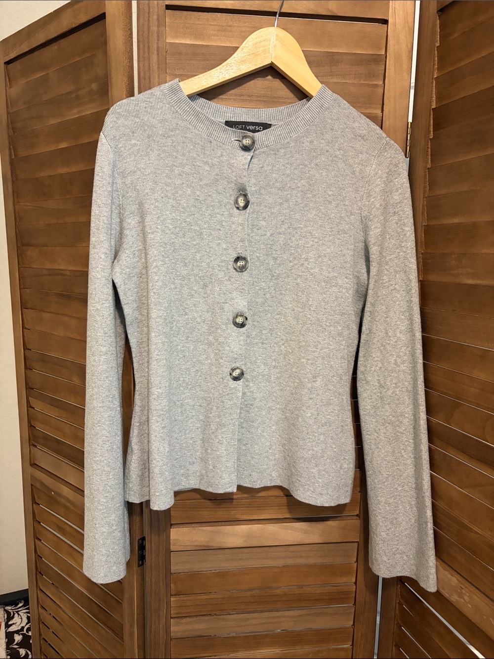 LOFT Gray Button-Front Crewneck Cardigan